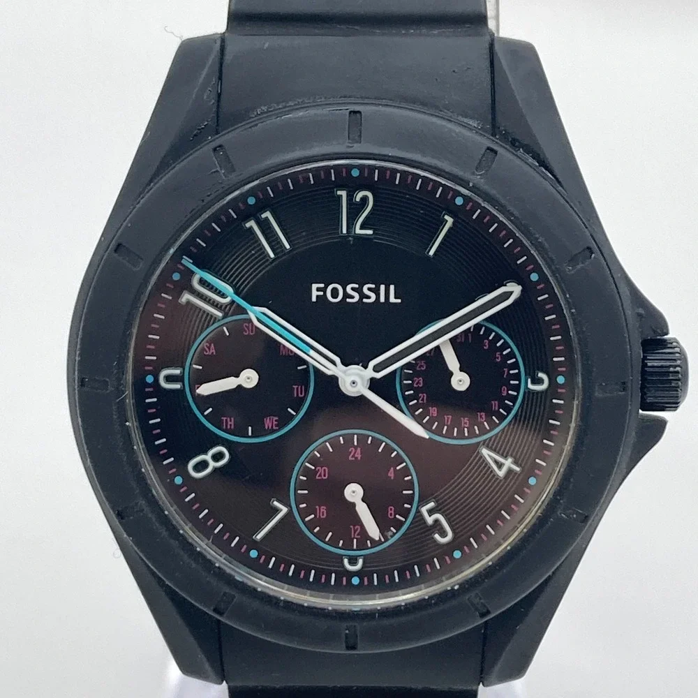 Fossil Poptastic Women's Watch 38mm Black Blue Day Date New Battery 8.25